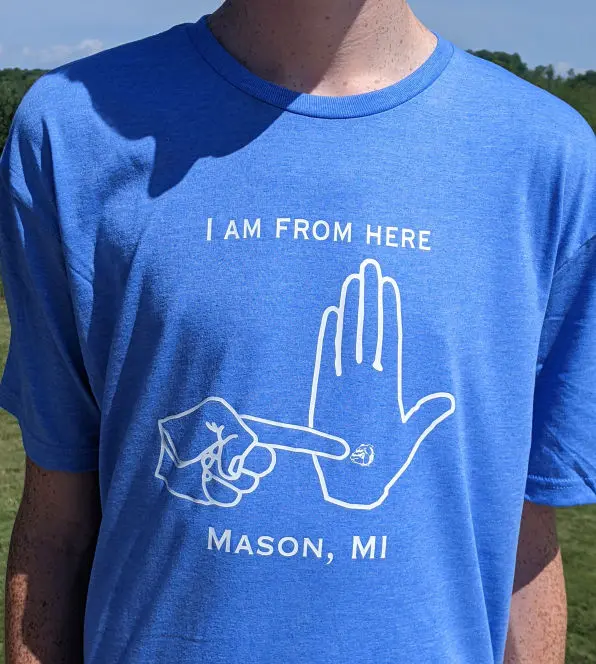 blue t-shirt mason michigan handmap logo