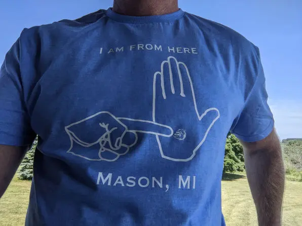 blue t-shirt mason michigan handmap logo