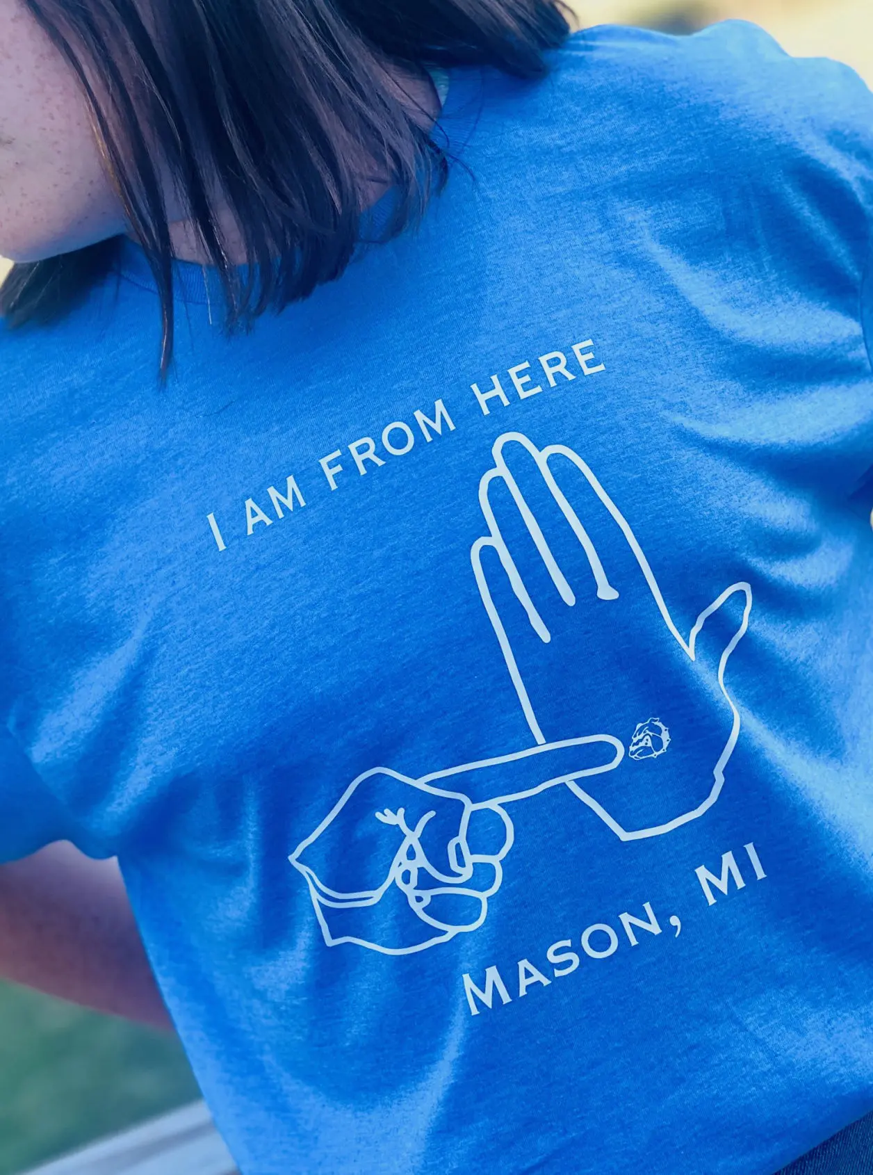 blue t-shirt mason michigan handmap logo